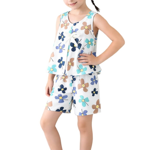 IFNWSV Toddler Girl Outfits Thin Suit Sleeveless Top Shorts Two-piece Set Home Wear Dark Blue 7-8 Years