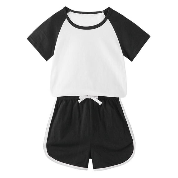 IFNWSV Girls Outfits 2 Piece Set Toddler Solid Color Short Sleeve Round Neck Top with Elastic Waist Short Pants Black 6-7 Years