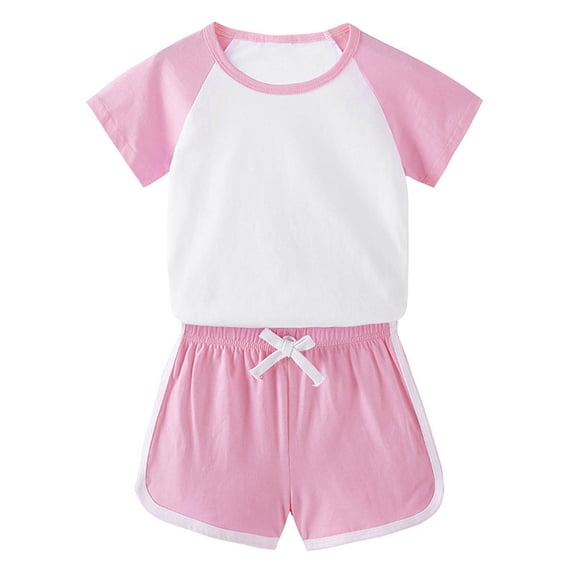 IFNWSV Girls Outfits 2 Piece Set Toddler Solid Color Short Sleeve Round Neck Top with Elastic Waist Short Pants Pink 2-3 Years