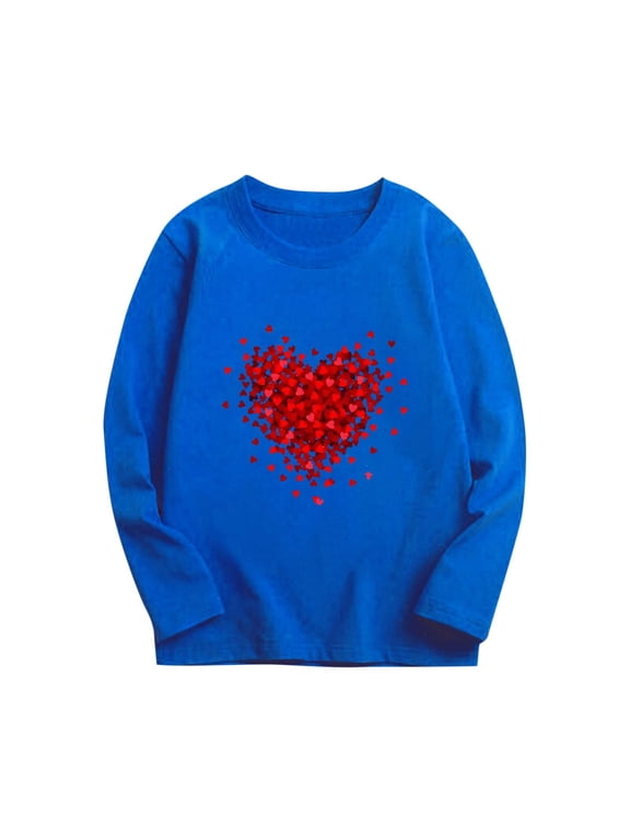 Graphic Tees for Boys Heart Print Long Sleeve Crewneck Pullover Casual Top for Holiday Blue 9 Years