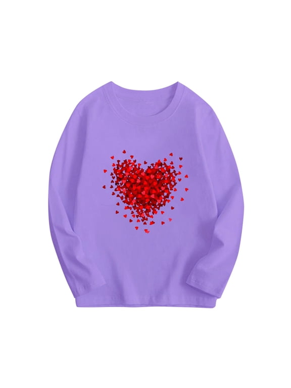 Graphic Tees for Boys Heart Print Long Sleeve Crewneck Pullover Casual Top for Holiday Purple 11 Years