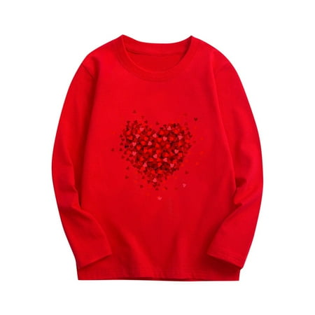 IFNWSV Graphic Tees for Boys Heart Print Long Sleeve Crewneck Pullover Casual Top for Holiday Red 9 Years