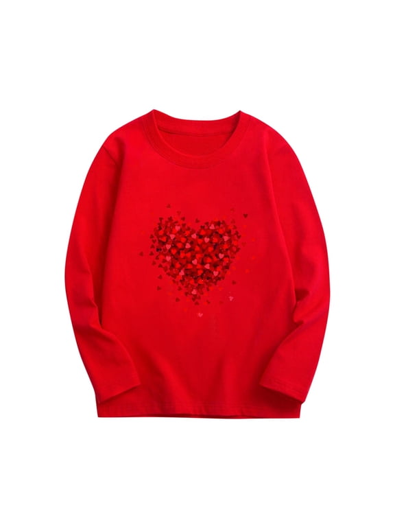 Graphic Tees for Boys Heart Print Long Sleeve Crewneck Pullover Casual Top for Holiday Red 9 Years