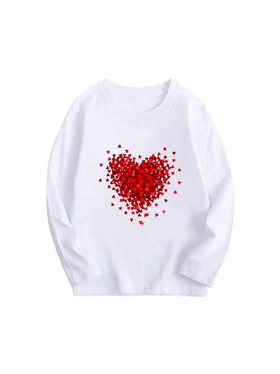 Graphic Tees for Boys Heart Print Long Sleeve Crewneck Pullover Casual Top for Holiday White 12 Years