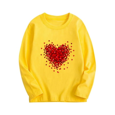 IFNWSV Graphic Tees for Boys Heart Print Long Sleeve Crewneck Pullover Casual Top for Holiday Yellow 2 Years