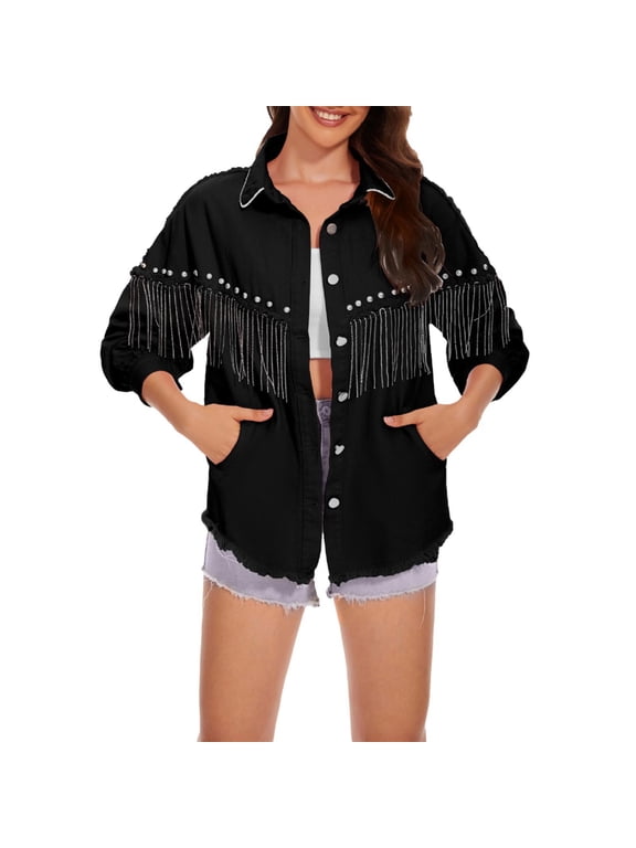 Jackets for Women Solid Streetwear Long Sleeve Single Breasted Chain Trim Hoodless Casual Denim Shacket