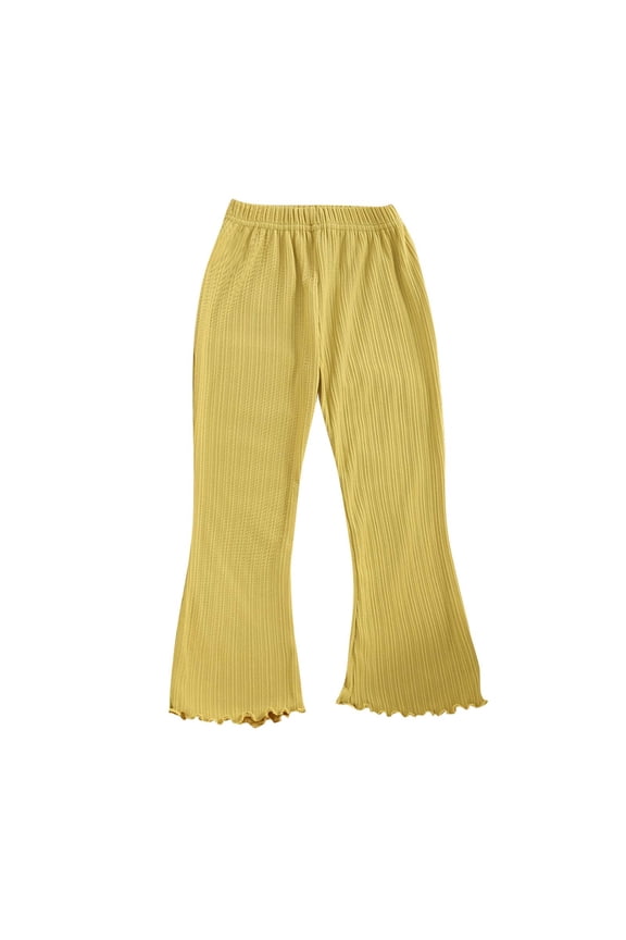Jeans for Girls Solid Color Ruffle Trim Flared Pants with Elastic Waist for Casual Wear Yellow 2-3 Years