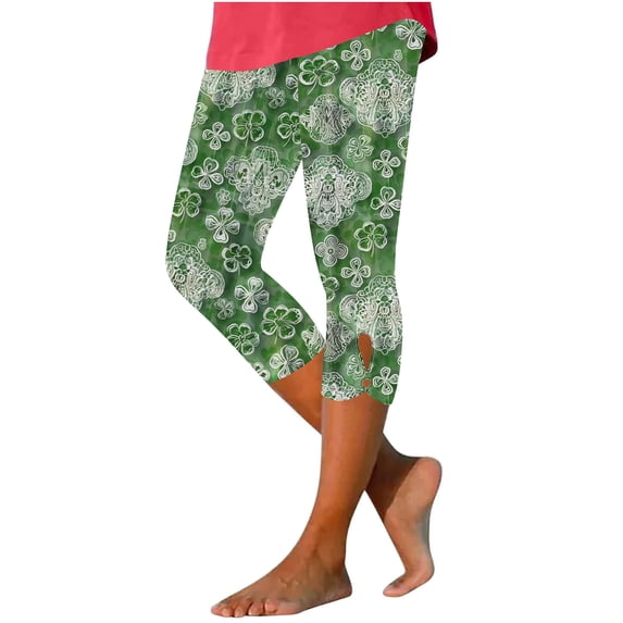 IFNWSV Leggings Women Print Capri Length High Waist Elastic Comfort Soft Yoga Gym Stretch Pants with Pockets Green L