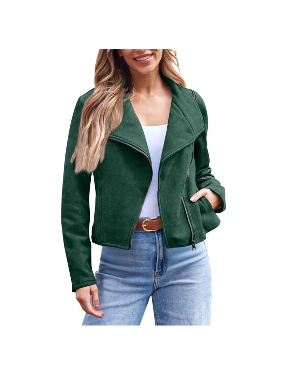 Lightweight Bomber Jacket Women Solid Color Zip Up Faux Suede Long Sleeve Hoodless Jacket Casual Outerwear