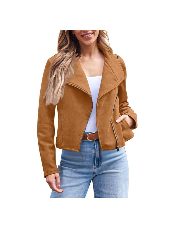 Lightweight Bomber Jacket Women Solid Color Zip Up Faux Suede Long Sleeve Hoodless Jacket Casual Outerwear