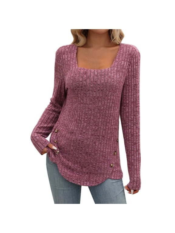 Lightweight Sweaters for Women Square Neck Long Sleeve Solid Button Front Ribbed Casual Fall Knit Top S-2XL