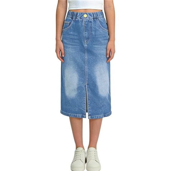 IFNWSV Little Girl Skirts Long Length Elastic Waist Solid Color Denim Blend Skirt 14-15 Years
