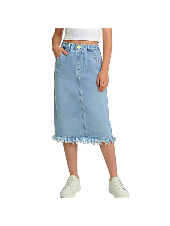 Little Girl Skirts Long Length Elastic Waist Solid Color Denim Blend Skirt 5-6 Years