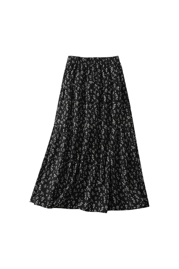 Long Skirts for Women Floral Print A Line Maxi Skirt Elastic High Waist Flowy Boho Split Vintage Cottagecore Black M