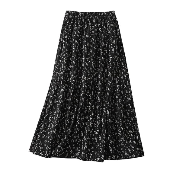 IFNWSV Long Skirts for Women Floral Print A Line Maxi Skirt Elastic High Waist Flowy Boho Split Vintage Cottagecore Black M