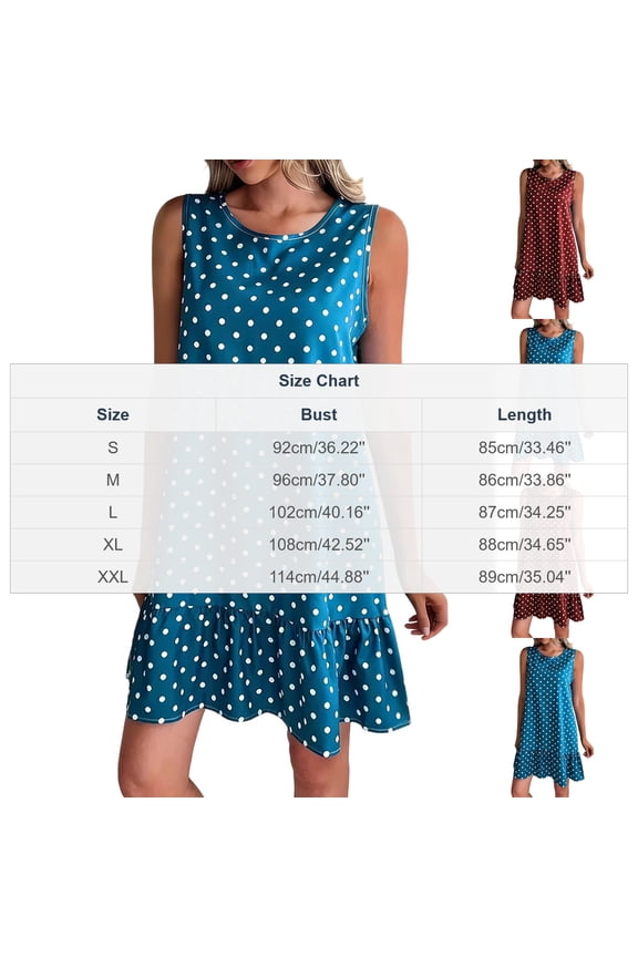 Mini Dresses for Women Summer Round Neck Sleeveless Polka Ruffle Hem A-Line Polyester Spandex Dress Blue 2XL