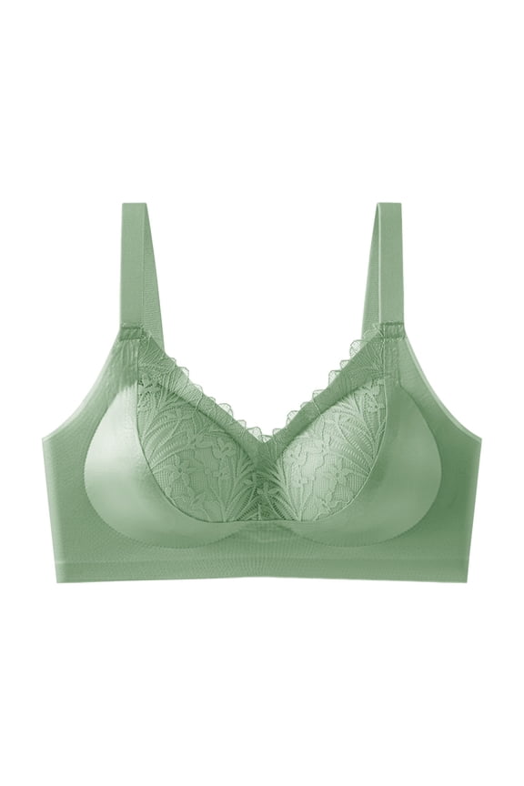 Molded Cup Bras for Women Solid Lace Adjustable Straps 3 Row 3 Hook Closure Wireless Breathable Full Coverage Green 2XL