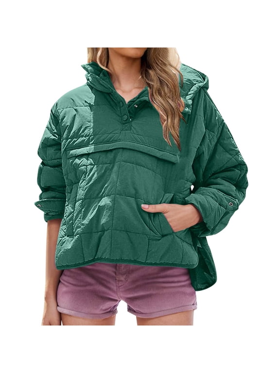 Packable Down Jacket Womens Solid Hooded Quilted Long Sleeve Oversized Lightweight Padded Pullover Hoodie Jacket