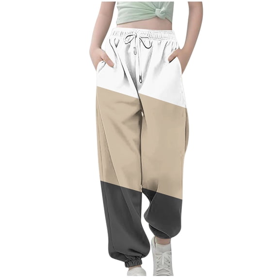 IFNWSV Pants for Girls Patchwork Print Drawstring Waist Side Pocket Cuffed Sweatpants for School Beige 3-4 Years