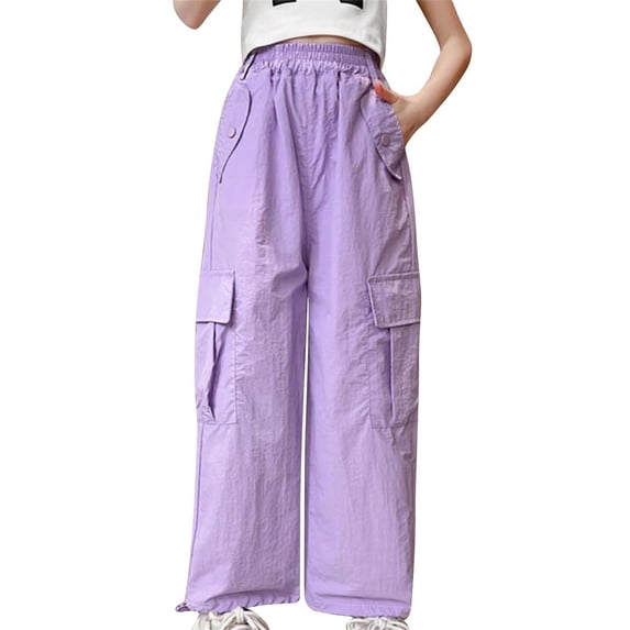 IFNWSV Pants for Girls Solid Cargo Style Elastic Waist Loose Relaxed with Pockets Casual Joggers Daily Purple 8-9 Years