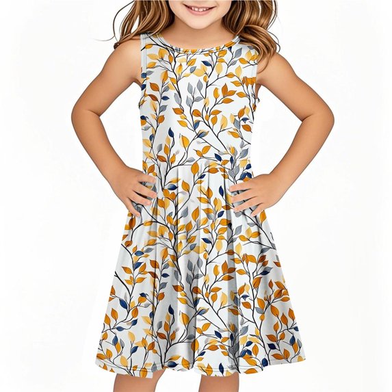 IFNWSV Pretty Dresses for Girls Sleeveless Round Neck Print Pattern Cotton Blend Dress Knee Length for 6-14 Years