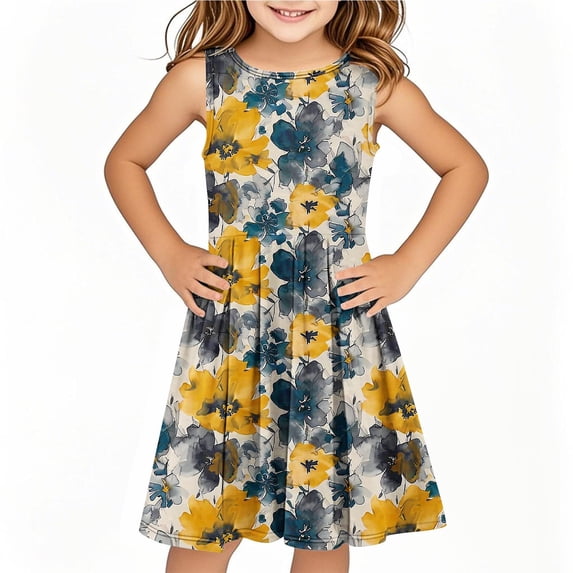 IFNWSV Pretty Dresses for Girls Sleeveless Round Neck Print Pattern Cotton Blend Dress Knee Length for 6-14 Years