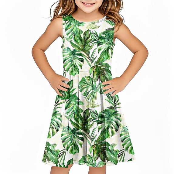 IFNWSV Pretty Dresses for Girls Sleeveless Round Neck Print Pattern Cotton Blend Dress Knee Length for 6-14 Years