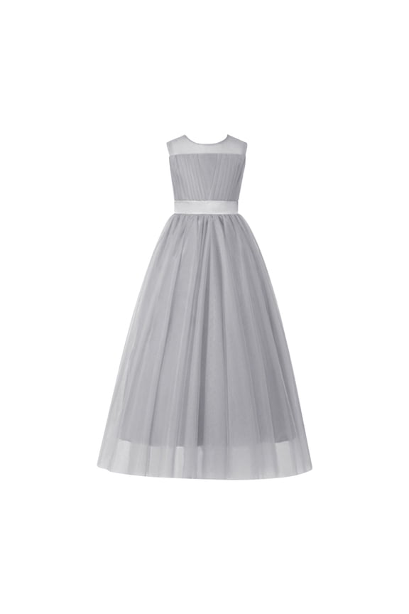 Girls Sleeveless Formal Dress Polyester Round Neck Knee Length Princess Style Mesh Overlay Performance Wear for 1-13 Years
