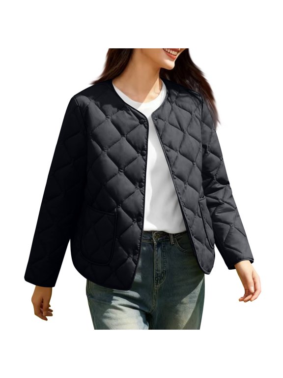 Puffer Jacket Womens Lightweight Down Diamond Quilted Pocket Short Fall Winter Inner Liner Long Sleeve Coat