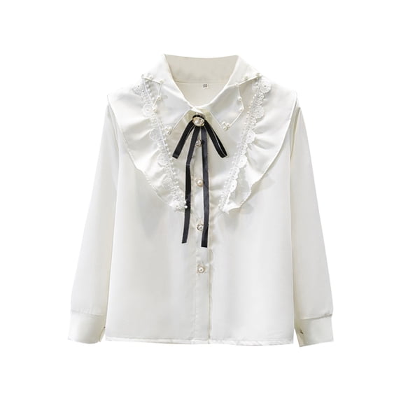 IFNWSV Shirts Girls Long Sleeve Collared Bow Detail Solid Pullover Blouse Top for School Daily Wear White 4 Years
