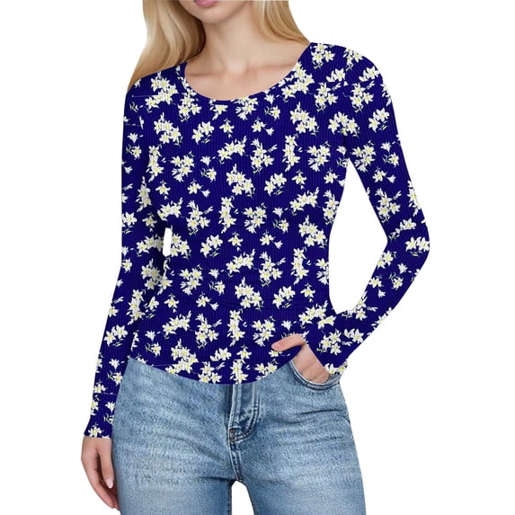 IFNWSV Shirts for Women Crew Neck Long Sleeve Floral Print Ribbed Knit Slim Fit Stretch Pullover Tee Dark Blue XL