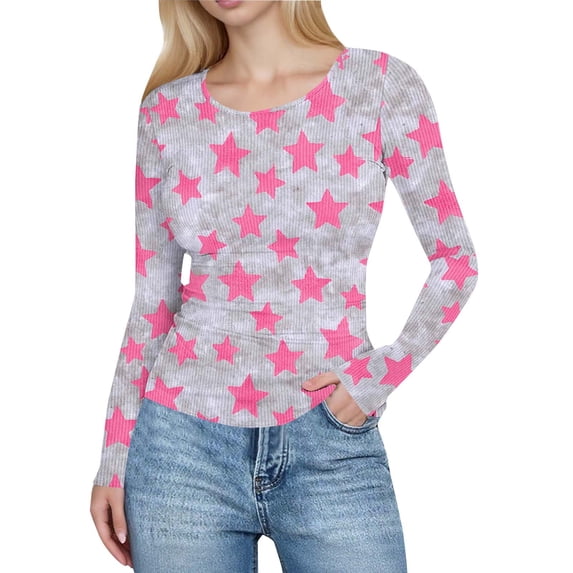 IFNWSV Shirts for Women Crew Neck Long Sleeve Star Print Ribbed Knit Slim Fit Stretch Pullover Tee Pink S