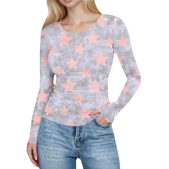 IFNWSV Shirts for Women Crew Neck Long Sleeve Star Print Ribbed Knit Slim Fit Stretch Pullover Tee Red L