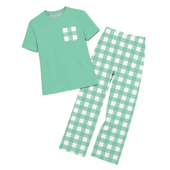 IFNWSV Summer Outfits for Girls 2 Piece Short Sleeve Checkered Loose Top and Elastic Waist Pants With Pockets Set Mint Green 3-4 Years