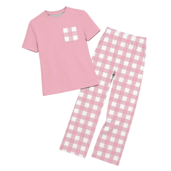 IFNWSV Summer Outfits for Girls 2 Piece Short Sleeve Checkered Loose Top and Elastic Waist Pants With Pockets Set Pink 7-8 Years