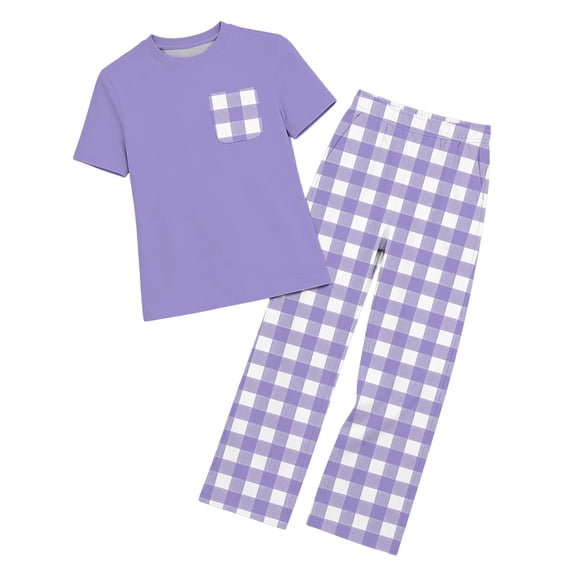 IFNWSV Summer Outfits for Girls 2 Piece Short Sleeve Checkered Loose Top and Elastic Waist Pants With Pockets Set Purple 7-8 Years
