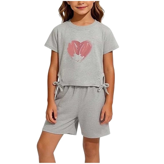 IFNWSV Summer Outfits for Girls 2 Piece Short Sleeve Heart Print Round Neck Drawstring T Shirt and Shorts Set Gray 5-7 Years