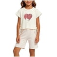 thumbnail image 1 of IFNWSV Summer Outfits for Girls 2 Piece Short Sleeve Heart Print Round Neck Drawstring T Shirt and Shorts Set White 3-4 Years, 1 of 6