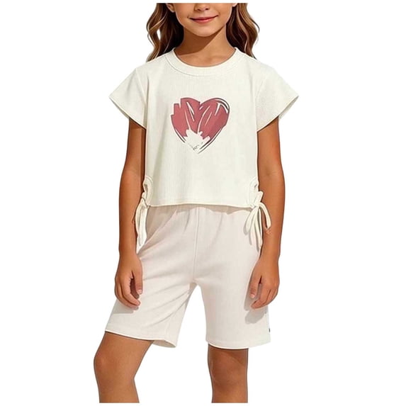 IFNWSV Summer Outfits for Girls 2 Piece Short Sleeve Heart Print Round Neck Drawstring T Shirt and Shorts Set White 3-4 Years