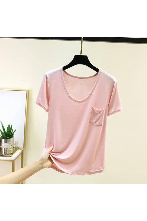 Summer Tops for Women Short Sleeve Solid Color Round Neck Pocket Detail Casual Modal Cotton Polyester Blouse Pink XXL