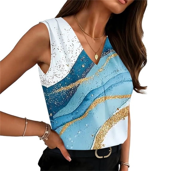 IFNWSV Summer Tops for Women V Neck Sleeveless Satin Print Back Pleated Lightweight Flowy Blouse Sky Blue M