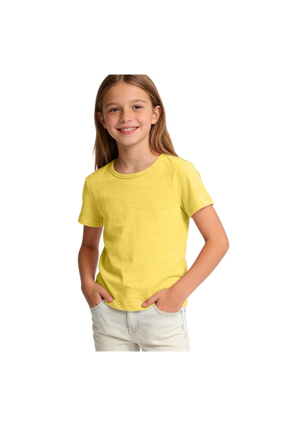 T Shirts for Girls Short Sleeve Crew Neck Slub Cotton Solid Color Breathable Pullover Tee Tops Yellow 2-3 Years