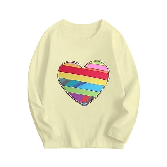 IFNWSV Tops for Girls Long Sleeve Crewneck Heart Print Pullover Top Casual Blouse Tee for Girls Beige 12 Years