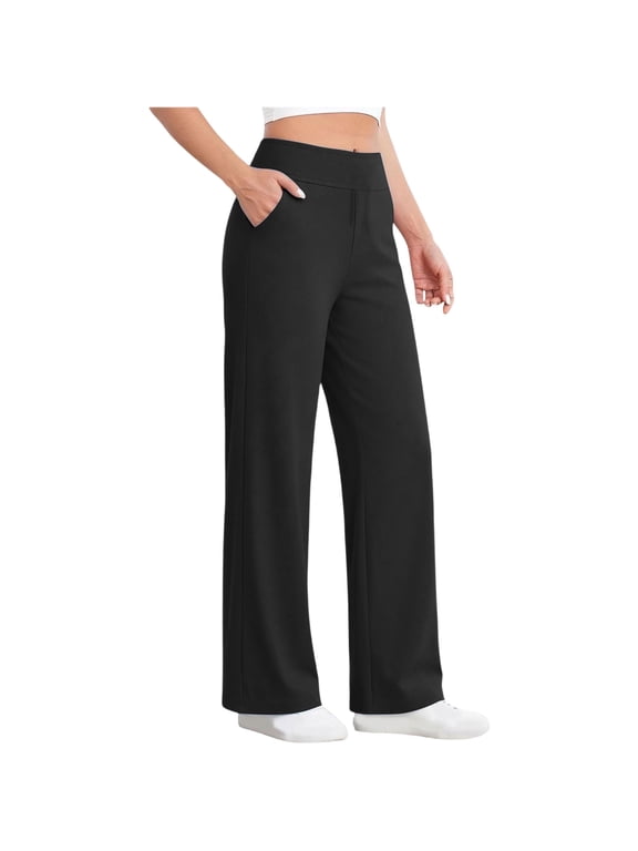 Wide Leg Pants for Women High Waisted Denim Look Stretchy Straight Trousers Faux Jeans Pull On Casual Long Wear Black M