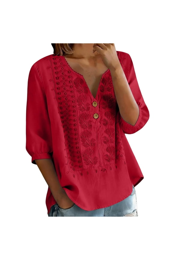Women Summer Tops Short Sleeve V Neck Button Detail Embroidery Retro Casual Loose Cotton T Shirt Red XXL