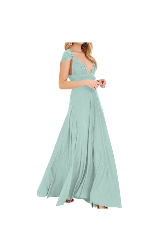 Women's Solid Multiway Convertible Maxi Dress, Deep V Neck Adjustable Crisscross Backless Bandage Flowy Gown Green M