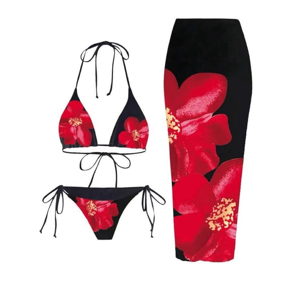 IFNWSV Womens Bathing Suit 3 Piece Print Ruched Front High Waisted Brief Top with Bottoms Set Wine M