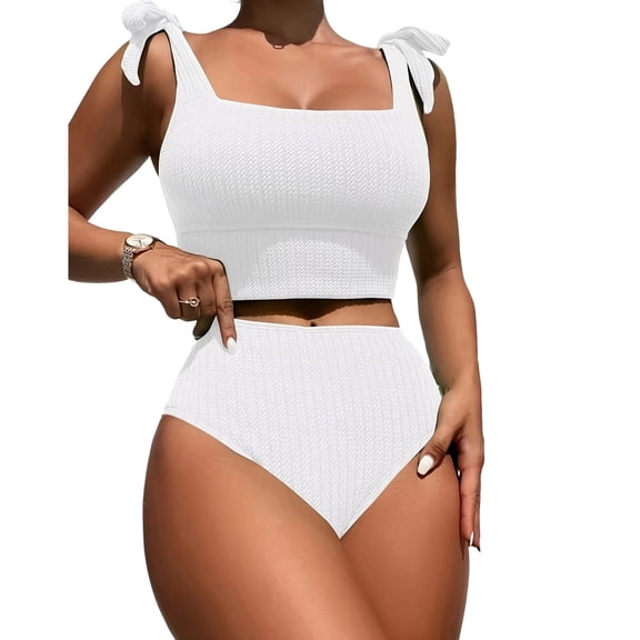 IFNWSV Womens Bathing Suits 2 Piece Bikini Set Solid Color High Waist Adjustable Straps Padded Push Up Top with Drawstring Side White S