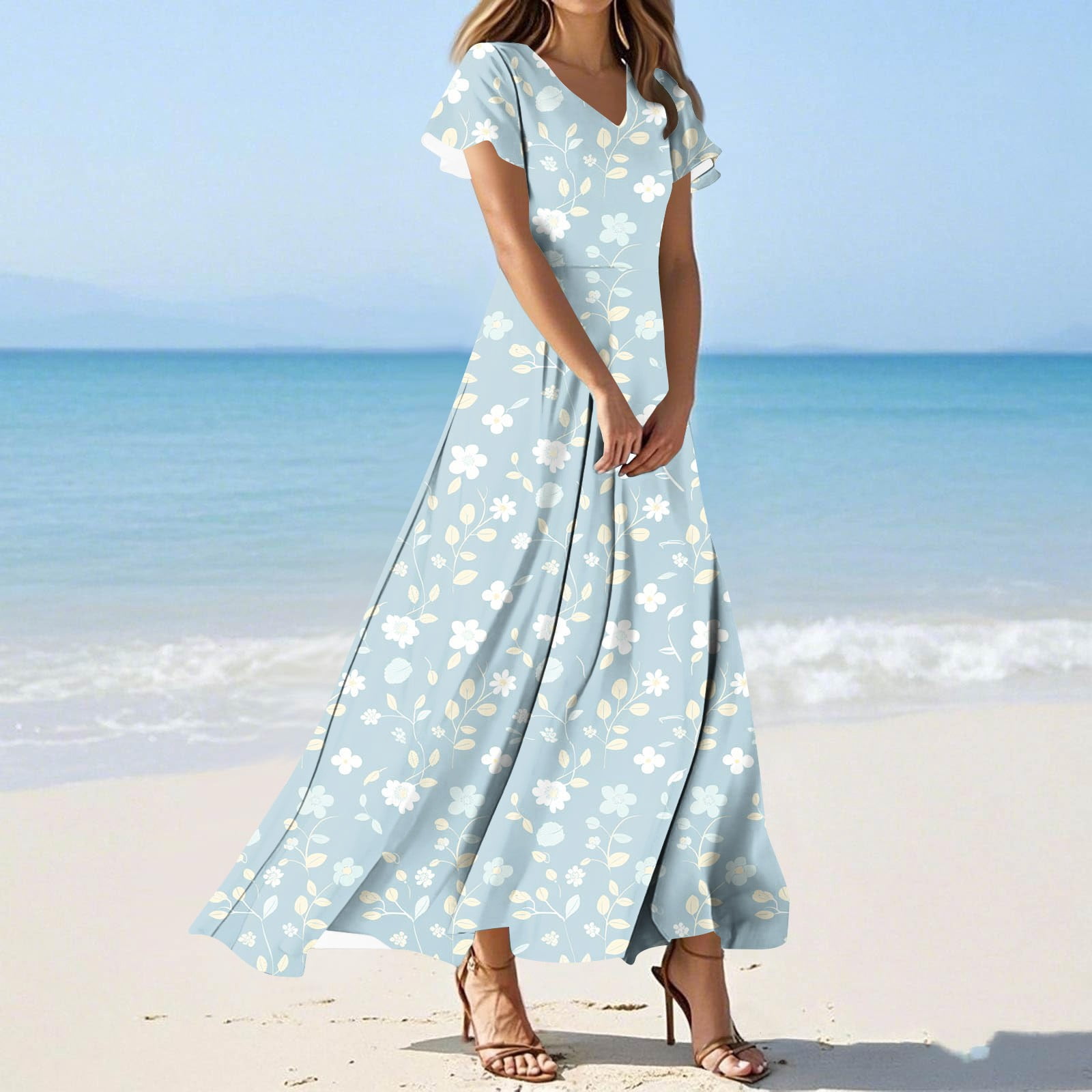 IFNWSV Womens Beach Dresses V Neck Floral Print Short Sleeve Ruffle Hem Smocked Waist Full Skirt Midi Dress Multicolor 3XL