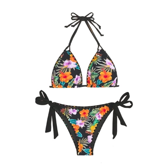 IFNWSV Womens Bikini Set 2 Piece Print Push Up Halter Neck Triangle Top with Tie Sides Bottoms Black S